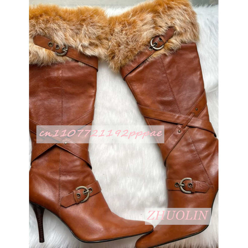 Retro Brown Fur Mid-Calf Boots - Women'S Fashion Riding Boots 评论和价格